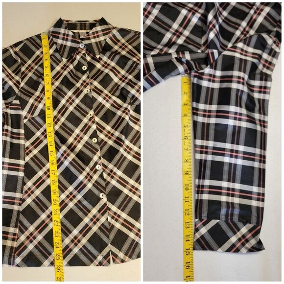 Rafael Silk Plaid Button Up Shirt Blouse Black White Pink - Picture 11 of 11
